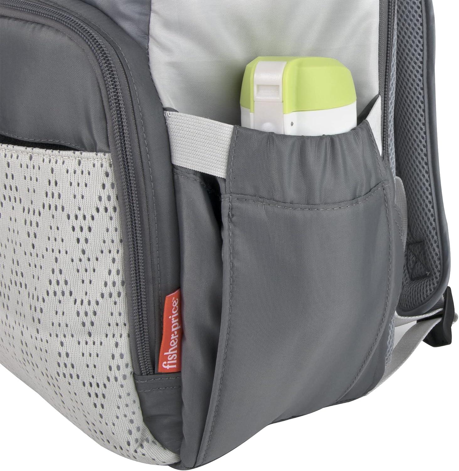 imageFisherPrice MultiPocket 13 Grey Roll Top Diaper Bag Backpack with Portable Changing Pad Stroller Straps Wipes Bottle Tablet Pockets