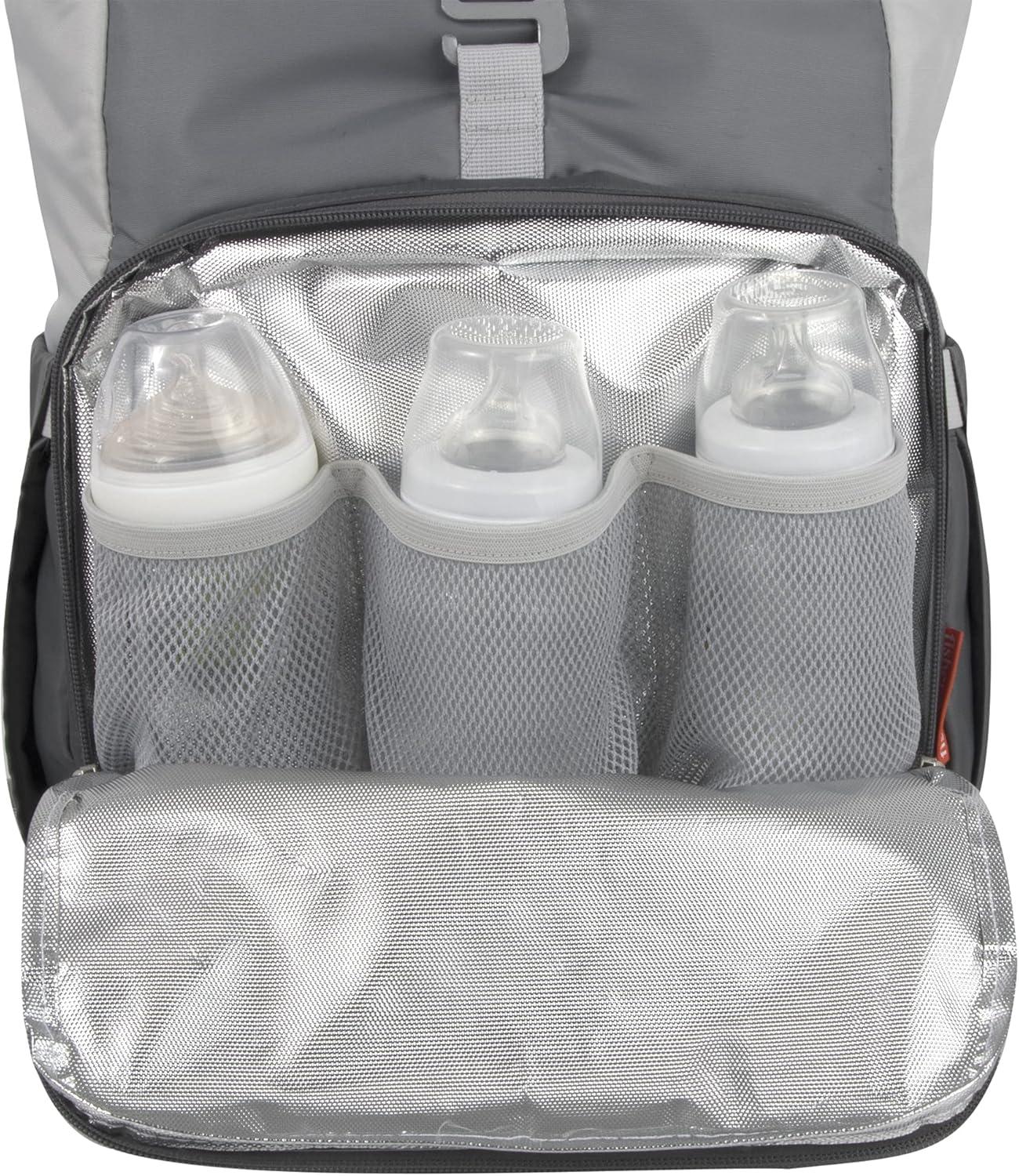 imageFisherPrice MultiPocket 13 Grey Roll Top Diaper Bag Backpack with Portable Changing Pad Stroller Straps Wipes Bottle Tablet Pockets