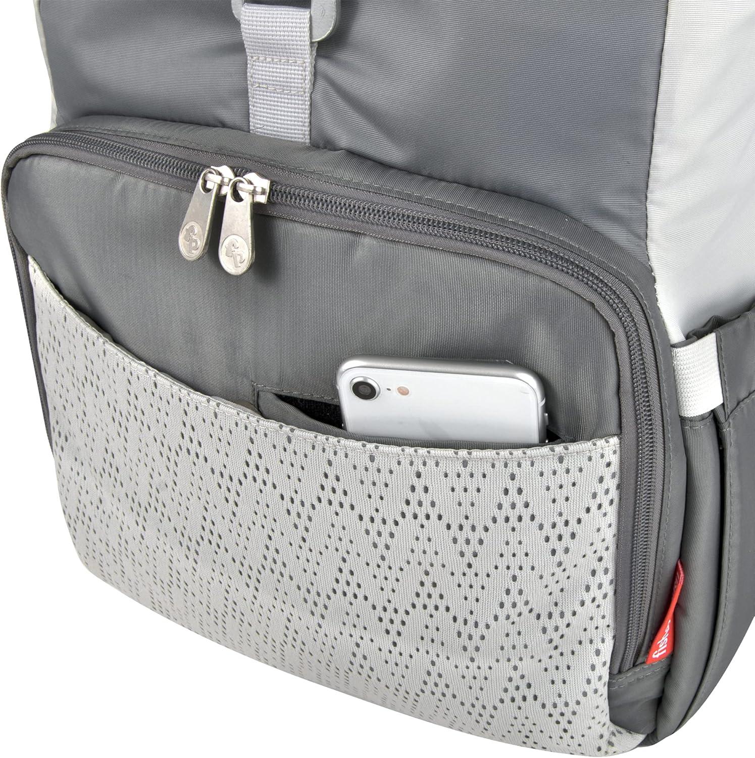 imageFisherPrice MultiPocket 13 Grey Roll Top Diaper Bag Backpack with Portable Changing Pad Stroller Straps Wipes Bottle Tablet Pockets