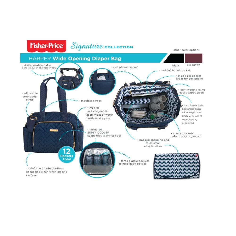 imageFisherPrice Quilted Diaper Bag Tote ampamp Convertible Crossbody with Adjustable Strap Insulated Bottle Pocket ampamp Changing Pad