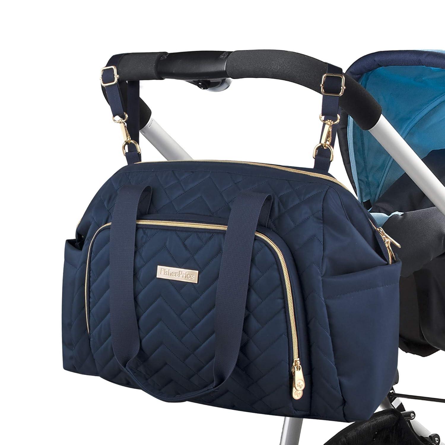 imageFisherPrice Quilted Diaper Bag Tote ampamp Convertible Crossbody with Adjustable Strap Insulated Bottle Pocket ampamp Changing Pad