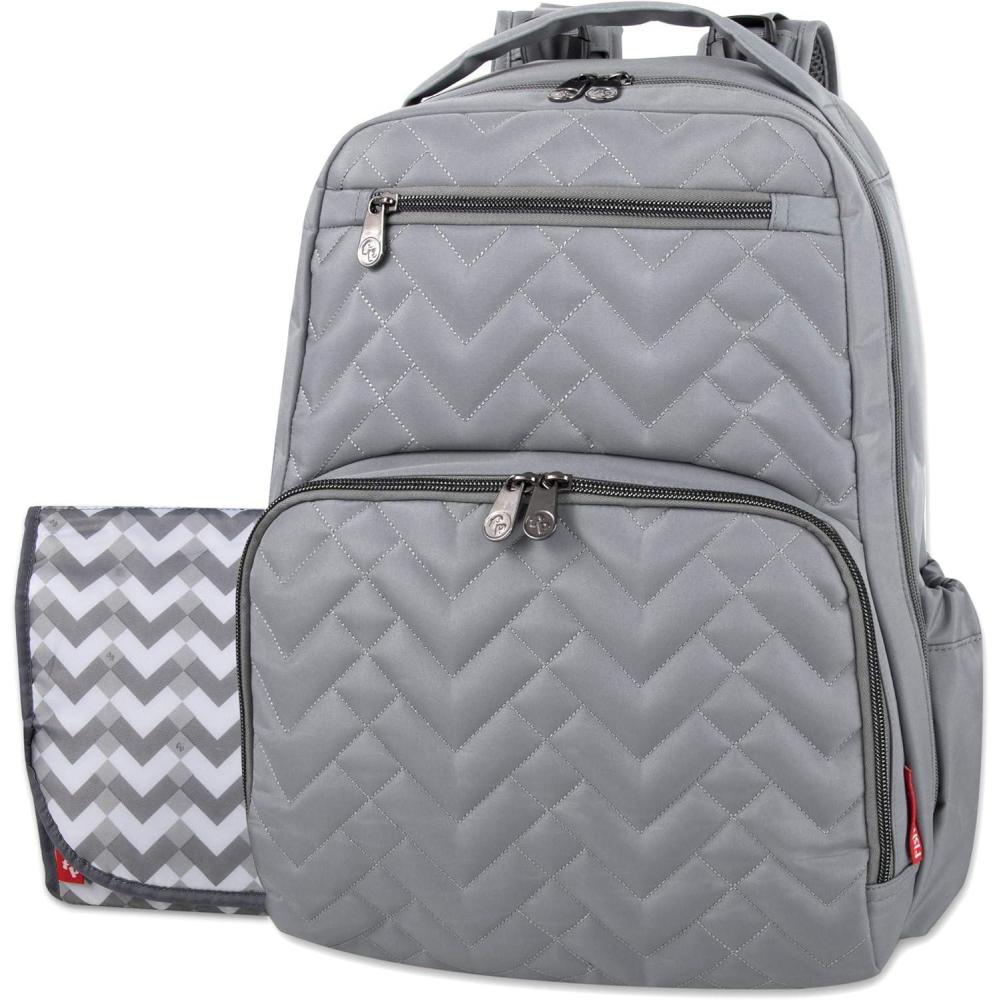imageBaby Essentials FisherPrice Signature Morgan Quilted Backpack Diaper Bag with Changing Pad Stroller Clips Laptop Compartment Gray