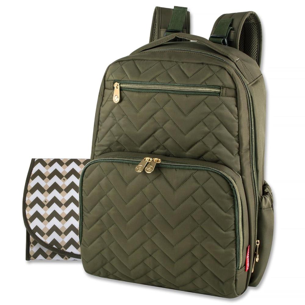 imageBaby Essentials FisherPrice Signature Morgan Quilted Backpack Diaper Bag with Changing Pad Stroller Clips Laptop Compartment Olive