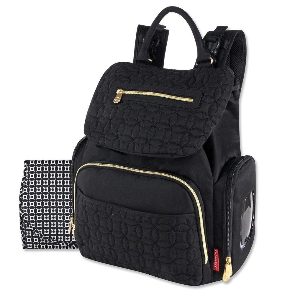 imageModern Quilted Diaper Bag Backpack and Multipurpose Travel Drawstring Baby Bag 3 Piece Set Black