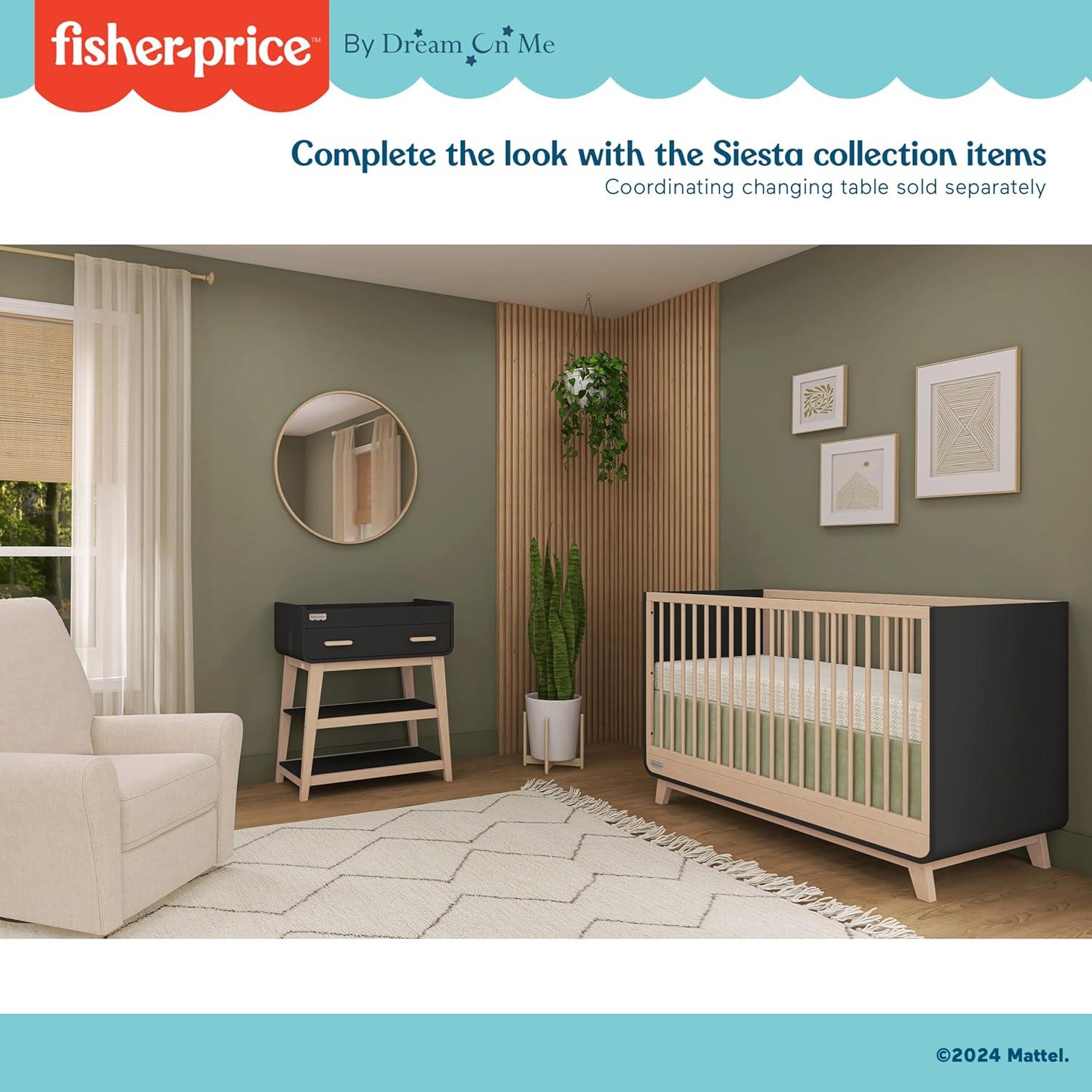 imageFisherPrice Siesta 4in1 Convertible FullSize Baby Crib Matte Black Vintage Oak GreenGuard Gold Sustainable Pinewood Wooden Spindles 3 Heights Converts to Day amp Toddler Bed Rail IncludedMatte Black Vintage Oak