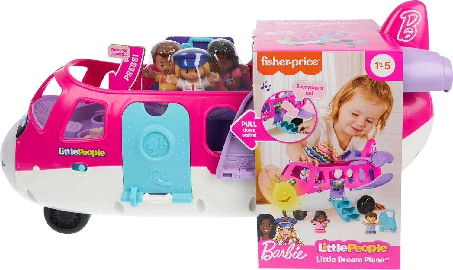 imageFisherPrice Little People Barbie Toy Airplane for Toddlers with Lights Music and Folding Stairs Little Dream Plane 4 Play Pieces MultiLanguage Version