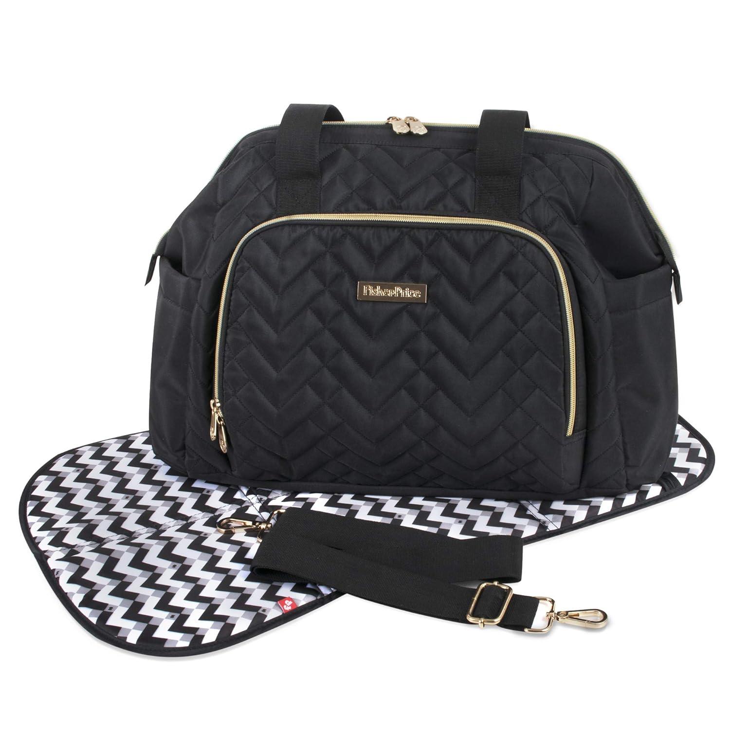 imageFisherPrice Quilted Diaper Bag Tote amp Convertible Crossbody with Adjustable Strap Insulated Bottle Pocket amp Changing Pad