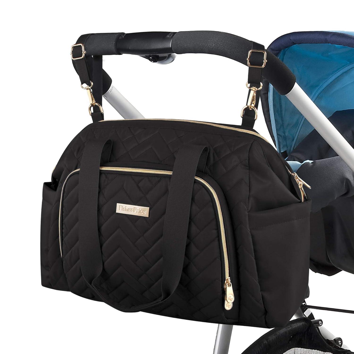 imageFisherPrice Quilted Diaper Bag Tote amp Convertible Crossbody with Adjustable Strap Insulated Bottle Pocket amp Changing Pad