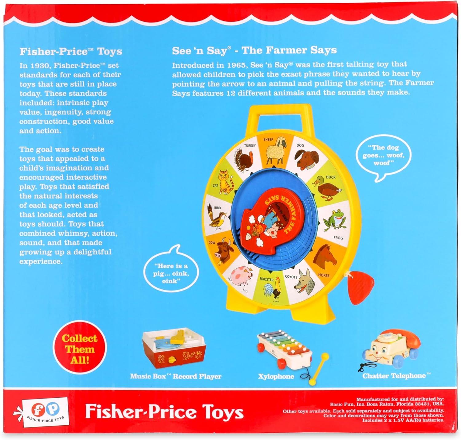 imageFisher Price Classics Farmer Says See n Say Vintage Learning Toy Sounds and Animals Interactive Retro Game for Kids Girls Boys Baby Preschoolers Toddlers Unisex Ages 18 Months