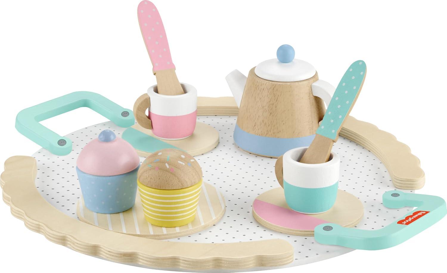 imageFisherPrice Wood Pretend Play Toy Picnic Tea Set 18Pieces with Blanket Wooden Cups Saucers amp Food for Preschool Kids Ages 3 Years12 Piece