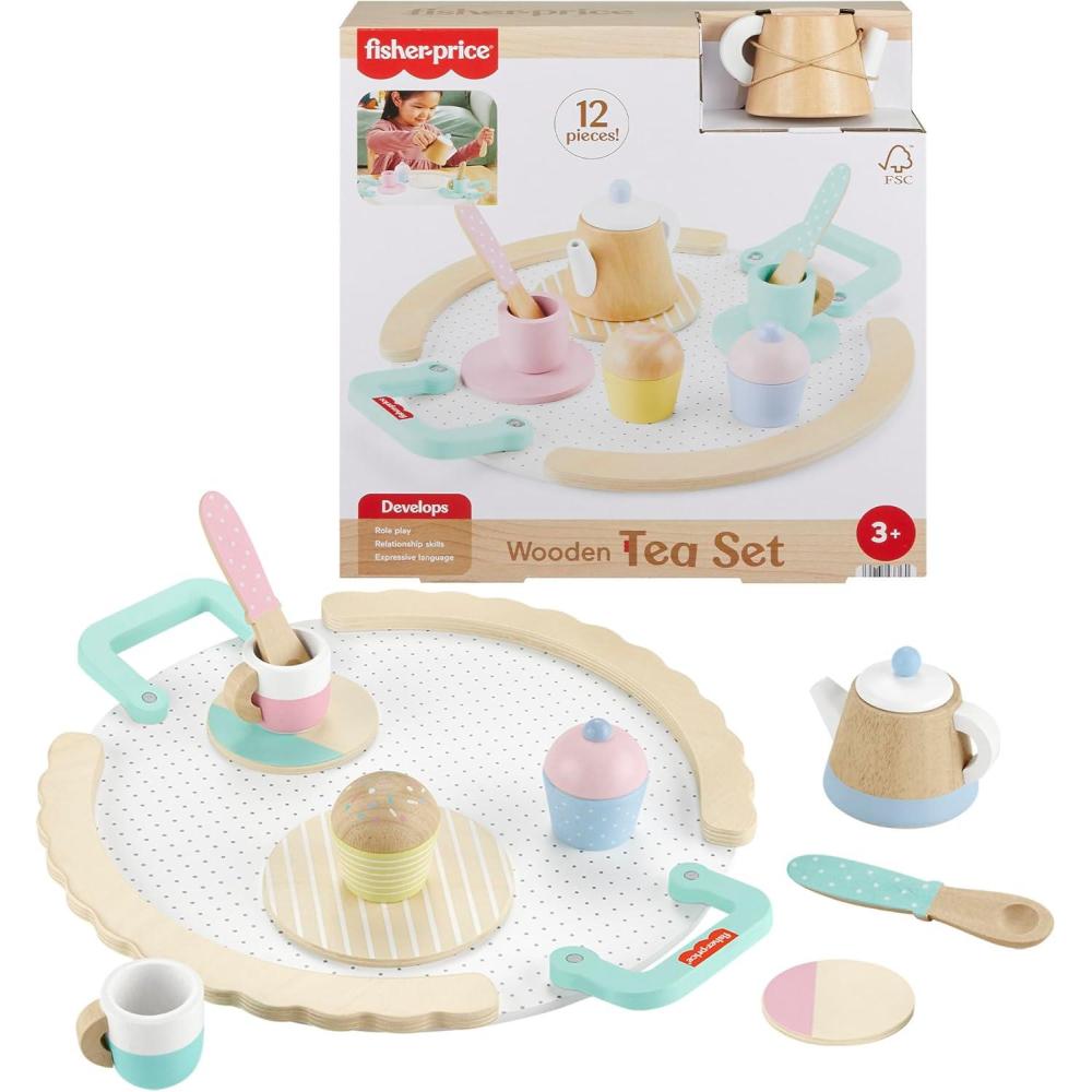 imageFisherPrice Wood Pretend Play Toy Picnic Tea Set 18Pieces with Blanket Wooden Cups Saucers amp Food for Preschool Kids Ages 3 Years12 Piece