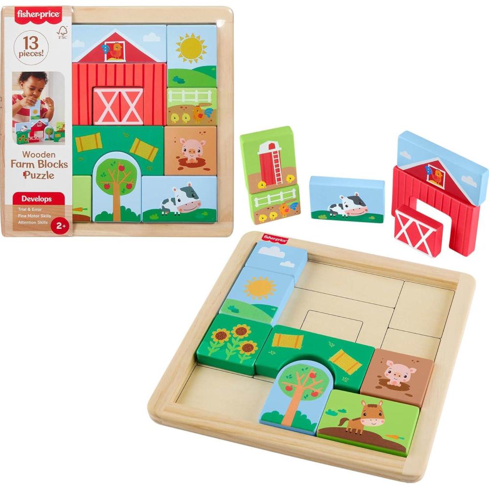 imageFisherPrice Wood Toddler Toy Farm Blocks Puzzle 14Piece Wooden Activity for Developmental Play Preschool Kids Ages 2 Years