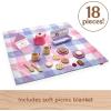 Fisher-Price Wood Pretend Play Toy Picnic Tea Set, 18-Pieces with Blanket, Wooden Cups Saucers & Food for Preschool Kids Ages 3+ Years(18 Piece)