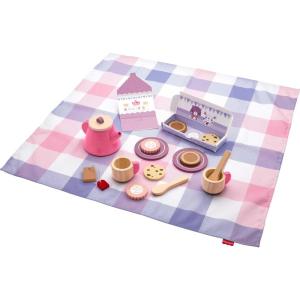 Fisher-Price Wood Pretend Play Toy Picnic Tea Set, 18-Pieces with Blanket, Wooden Cups Saucers & Food for Preschool Kids Ages 3+ Years(18 Piece)