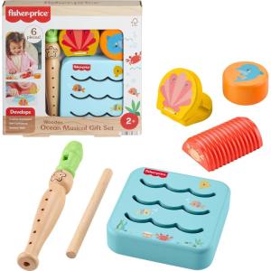 Fisher-Price Wood Toddler Toys Ocean Musical Instruments Set, 6 Wooden Pieces for Creative Play Preschool Kids Ages 2+ Years