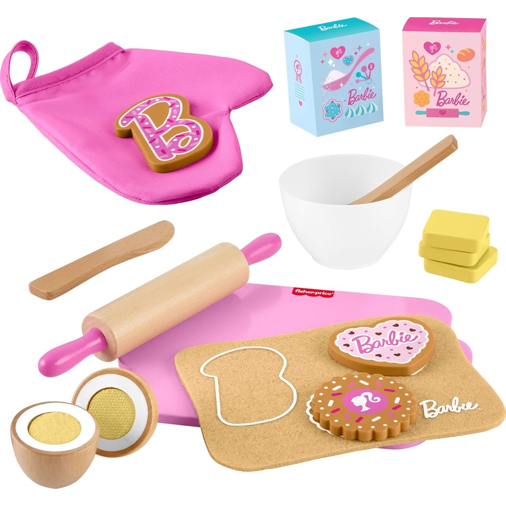 image:imageFisherPrice Wood Preschool Toy Barbie Cookie Baking Set 17 Wooden amp Fabric Pieces for Kitchen Pretend Play Kids Ages 3 Years