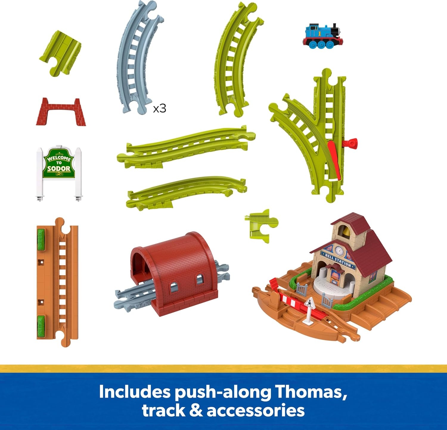 image:imageThomas amp Friends Bell Station Playset amp PushAlong Thomas Toy Train Includes 1 Engine amp Track with TrainPlay Details Bell Passenger Carousel Tunnel amp Gate by FisherPrice