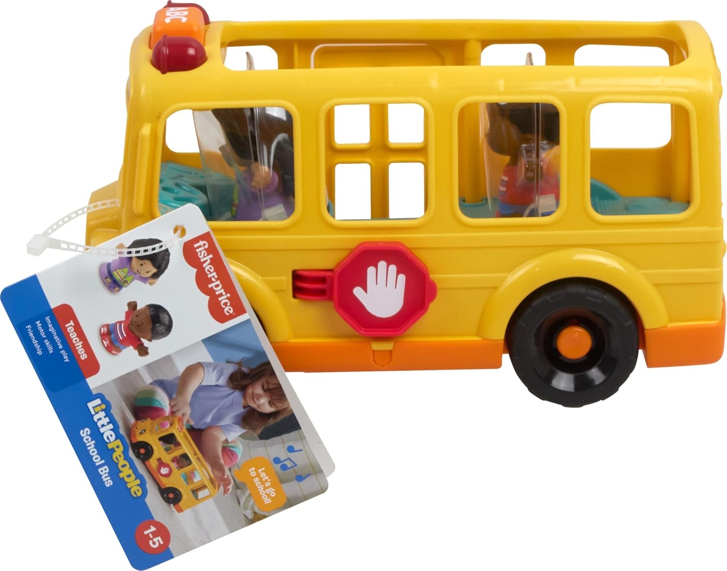 image:imageFisherPrice Little People School Bus Multilanguage Version English French Spanish Portuguese Musical PushAlong Vehicle Pretend Play with 2 Figures Kids Ages 1 Years
